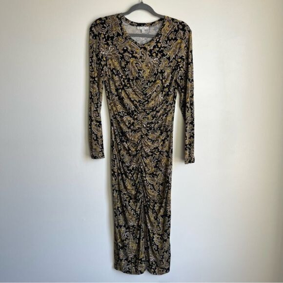 JOIE Aja Long-sleeve Paisley Midi Dress In Golden Hour - L - Picture 3 of 8